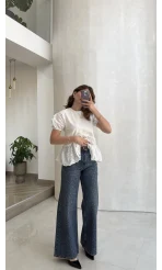 Kemerli Yüksek Bel Taşlı Jean Pantolon - Mavi