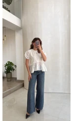Kemerli Yüksek Bel Taşlı Jean Pantolon - Mavi