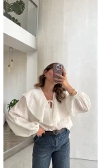 Geniş Yakalı Bluz - Ekru - Kod: 5068