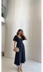 Bella Balon Kol Midi Boy Elbise - Lacivert - Kod: 2384