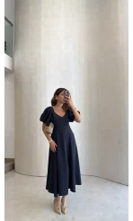 Bella Balon Kol Midi Boy Elbise - Lacivert - Kod: 2384
