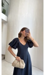 Bella Balon Kol Midi Boy Elbise - Lacivert - Kod: 2384