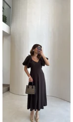 Bella Balon Kol Midi Boy Elbise - Kahve - Kod: 2384