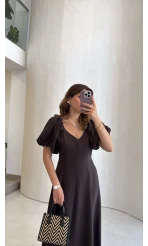 Bella Balon Kol Midi Boy Elbise - Kahve - Kod: 2384