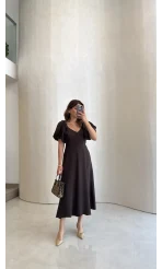 Bella Balon Kol Midi Boy Elbise - Kahve - Kod: 2384