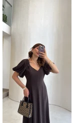 Bella Balon Kol Midi Boy Elbise - Kahve - Kod: 2384