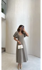 Bella Balon Kol Midi Boy Elbise - Vizon - Kod: 2384