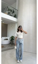 Bole Yüksek Bel Dantelli Denim Jean Pantolon - Mavi