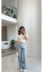 Bole Yüksek Bel Dantelli Denim Jean Pantolon - Mavi