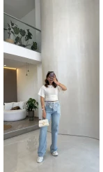 Bole Yüksek Bel Dantelli Denim Jean Pantolon - Mavi