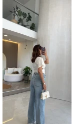 Bole Yüksek Bel Dantelli Denim Jean Pantolon - Mavi