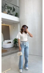 Bole Yüksek Bel Dantelli Denim Jean Pantolon - Mavi