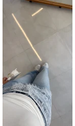 Bole Yüksek Bel Dantelli Denim Jean Pantolon - Mavi