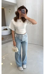 Bole Yüksek Bel Dantelli Denim Jean Pantolon - Mavi