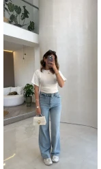 Bole Yüksek Bel Dantelli Denim Jean Pantolon - Mavi
