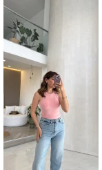 Halter Yaka Göğüs Pedli Crop Body - Pembe - Kod: 5044