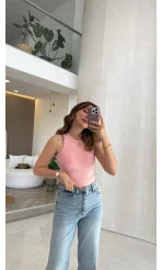 Halter Yaka Göğüs Pedli Crop Body - Pembe - Kod: 5044