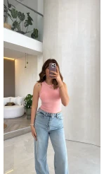 Halter Yaka Göğüs Pedli Crop Body - Pembe - Kod: 5044