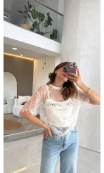 Dantel T-shirt - Ekru - Kod: 1098