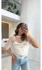 Dantel T-shirt - Ekru - Kod: 1098