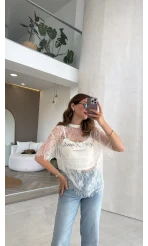 Dantel T-shirt - Ekru - Kod: 1098