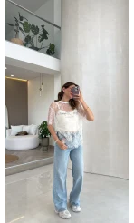 Dantel T-shirt - Ekru - Kod: 1098