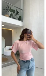 Shay Beli Büzgülü Bluz - Pembe - Kod: 1085