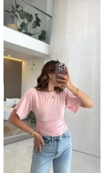 Shay Beli Büzgülü Bluz - Pembe - Kod: 1085