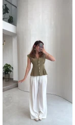Miela Sıfır Kol Düğmeli Bluz - Haki - Kod: 2299