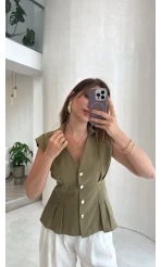 Miela Sıfır Kol Düğmeli Bluz - Haki - Kod: 2299