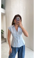 Miela Sıfır Kol Düğmeli Bluz - Mavi - Kod: 2299
