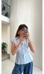Miela Sıfır Kol Düğmeli Bluz - Mavi - Kod: 2299