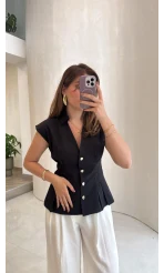 Miela Sıfır Kol Düğmeli Bluz - Siyah - Kod: 2299