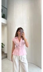 Miela Sıfır Kol Düğmeli Bluz - Pembe - Kod: 2299