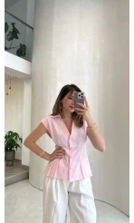 Miela Sıfır Kol Düğmeli Bluz - Pembe - Kod: 2299