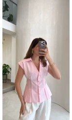 Miela Sıfır Kol Düğmeli Bluz - Pembe - Kod: 2299
