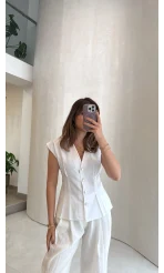 Miela Sıfır Kol Düğmeli Bluz - Beyaz - Kod: 2299