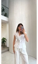 Miela Sıfır Kol Düğmeli Bluz - Beyaz - Kod: 2299