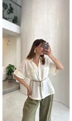 Bel Büzgülü Çift Cepli Kuşaklı Gömlek - Beyaz - Kod: 580425