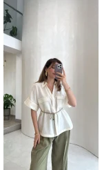 Bel Büzgülü Çift Cepli Kuşaklı Gömlek - Beyaz - Kod: 580425