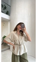 Bel Büzgülü Çift Cepli Kuşaklı Gömlek - Bej - Kod: 580425