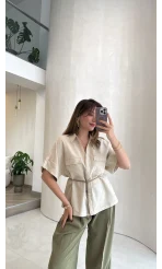 Bel Büzgülü Çift Cepli Kuşaklı Gömlek - Bej - Kod: 580425