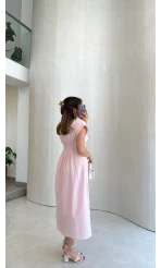 Penny Keten Astarlı Bağlamalı Elbise - Pembe - Kod: 3082