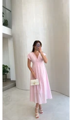 Penny Keten Astarlı Bağlamalı Elbise - Pembe - Kod: 3082