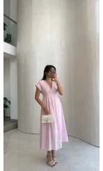 Penny Keten Astarlı Bağlamalı Elbise - Pembe - Kod: 3082