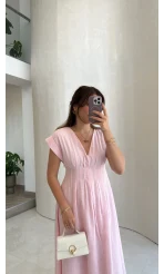Penny Keten Astarlı Bağlamalı Elbise - Pembe - Kod: 3082