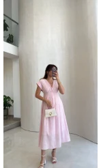 Penny Keten Astarlı Bağlamalı Elbise - Pembe - Kod: 3082