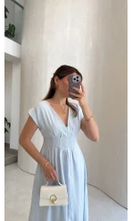 Penny Keten Astarlı Bağlamalı Elbise - Mavi - Kod: 3082