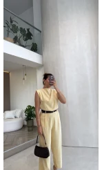 Kemerli Sıfır Kol Tulum - Sarı - Kod: 580907
