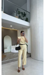 Kemerli Sıfır Kol Tulum - Sarı - Kod: 580907